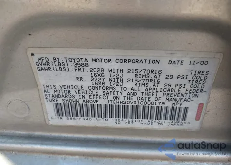 2001 Toyota Rav4 из США, поврежденный, VIN JTEHH20V010060179